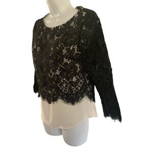 Banana Republic Womens Blouse Size XSP Blace Lace Overlay Cream Top Long Sleeves